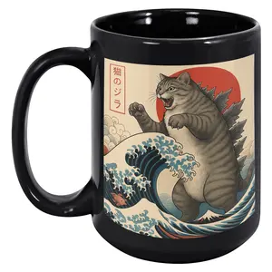 Godzilla Cat Coffee Mug Great Wave Ukiyo-e Style Funny Cat Gift For Art Nerds