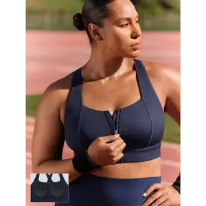 GLOWMODE OptiDry Plus Size  Win Soft Stretchy Built-In Cups Square Neck Front Zipper Crossover Back Sports Bra Medium Impact Training Running Gym Workout Daily Active Wear Spring Summer