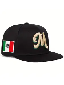M Embroidery Flat Brim Baseball Cap for Men and Women, Mexico Color Style Adjustable Snapback Hat, Snapback Fitted