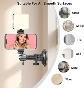 Suction Cup Mirror Phone Holder with Rechargeable Light, Versatile Wall Phone Mount for Content Creator, Mirror Tripod for Car Bathroom All Smooth Surface