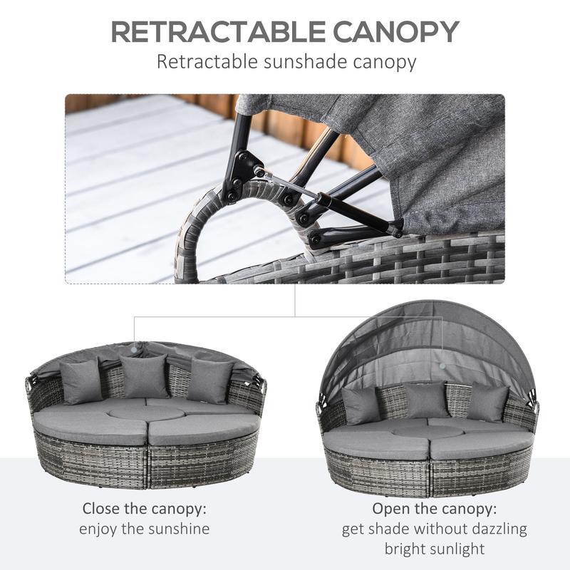 4 Piece Round Rattan Daybed Convertible Patio Furniture Set with Adjustable Sun Canopy Sectional Outdoor Sofa 2 Chairs Extending Tea Table Ottoman Chair 3 Pillows Gray