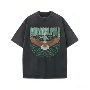 Washed cotton T-shirt, men's casual fashion, printed with "PHILADELPHIA" and an eagle pattern, football player graphic print, outdoor sports T-shirt, casual, comfortable, trendy, street culture