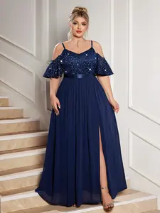 MISSMAY P24428A Plus Off Shoulder Spaghetti Straps Sequin Floral Lace Contrast Chiffon Split Thigh Hem Evening Party Elegance Chic Maxi Dress, Formal Prom Wedding Guest Gown