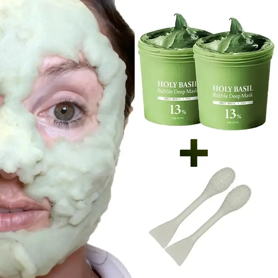 Holy Basil Bubble Deep Mask 13% – K-Beauty Clay Bubble Mask with Sparkling Holy Basil & PHA, Gently Detoxifies Pores and Removes Blackheads, Korean Wash-Off Pack for Clearer Skin
