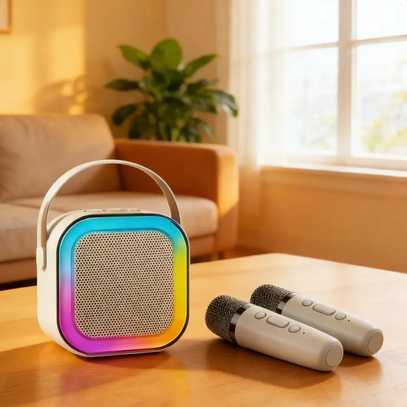 Portable Bluetooth Karaoke Speaker with 2 Dual Wireless Mics, LED Light, Subwoofer, Splashsafe IPX4 Waterproof, Natural Sound, Compact Design, USB/Battery-Powered - Great for Ramadan Decoration, Music Lovers
