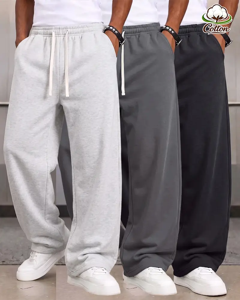 3-Pack Streetwear Wide Leg Sweatpants, All Elastic Draw Waist, Light Cream Drawstrings, Relaxed Wide Fit, Breathable Cotton Knit Loungewear Bundle