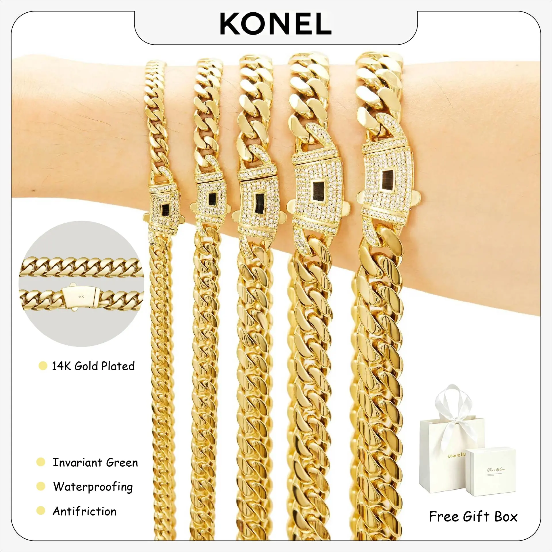 [Newly Upgraded] 14K Gold-Plated Cuban Necklace. The exquisite craftsmanship and classic zircon setting are stunning. The Miami Cuban Necklace blends tradition and modern style. The perfect gift for him, a summery gold necklace for Father's Day.