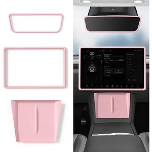 for Tesla Model 3 2024 2025 and model y Juniper Accessory Set: 3-Piece White Silicone Console Mat, Screen & Mirror Frame Protectors (Waterproof, Anti-Slip)(3 PCS Pink)