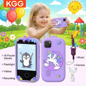Cute Cartoon Kids Smart Toy Phone with Video & Music Player, optional 32GB memory card, flashlight, camera, recorder, habit tracker, 18 educational games, e-book & ABC learning. Perfect educational toy gift for kids.