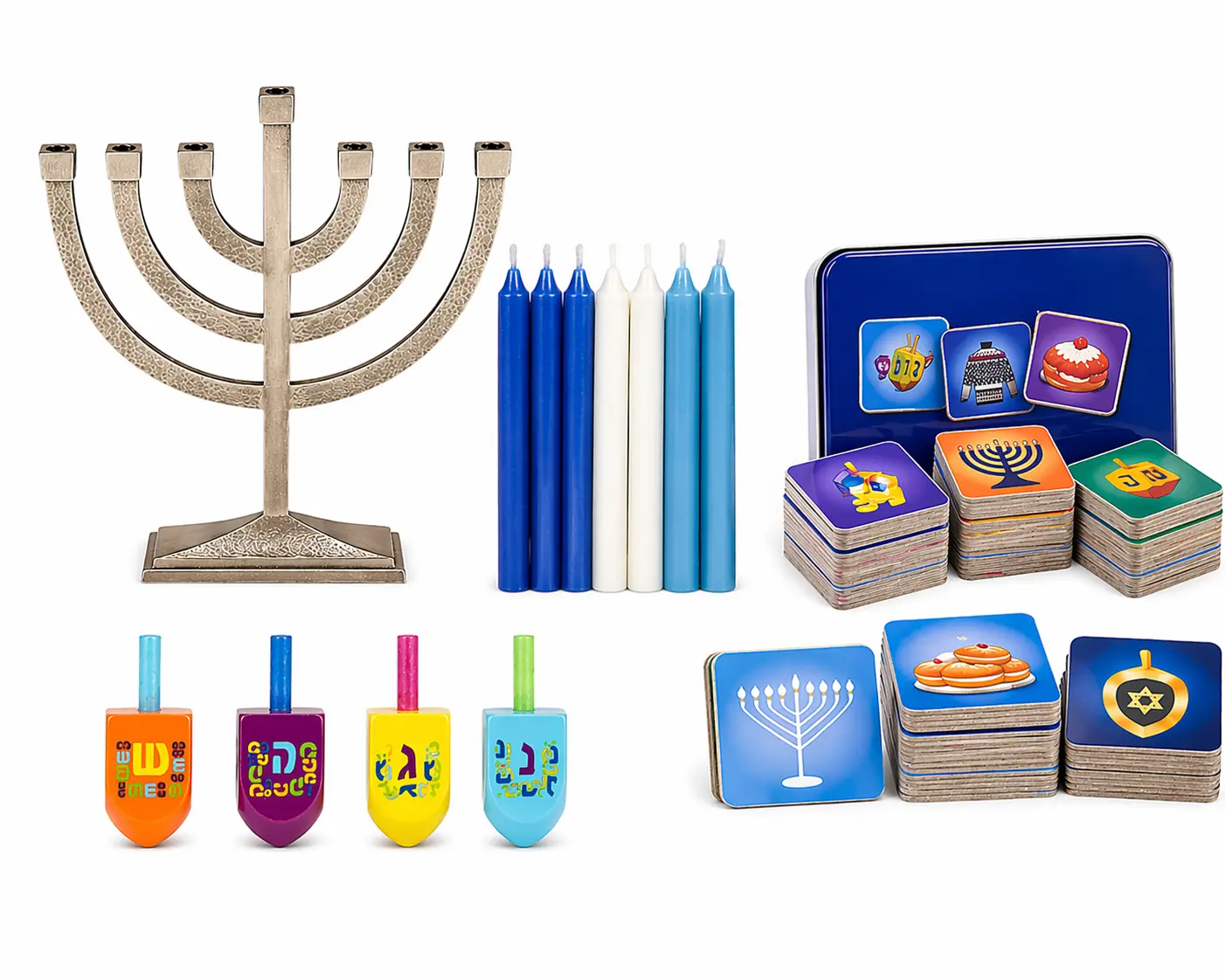Hanukkah Decorative Set - Colorful Menorah, 8 Miniature Candles, Dreidels, Interactive Game for Home Decor & Festive Holiday Tradition Supplies, 8 Candles