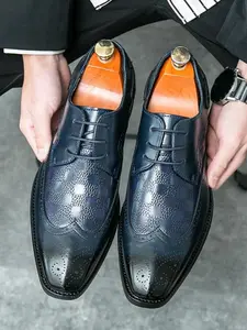 Men's Business Formal Brogue Decor Lace Up Dress Shoes, Fashionable PU Leather Shoes for Work Office, Male All-match Shoes for Daily Wear