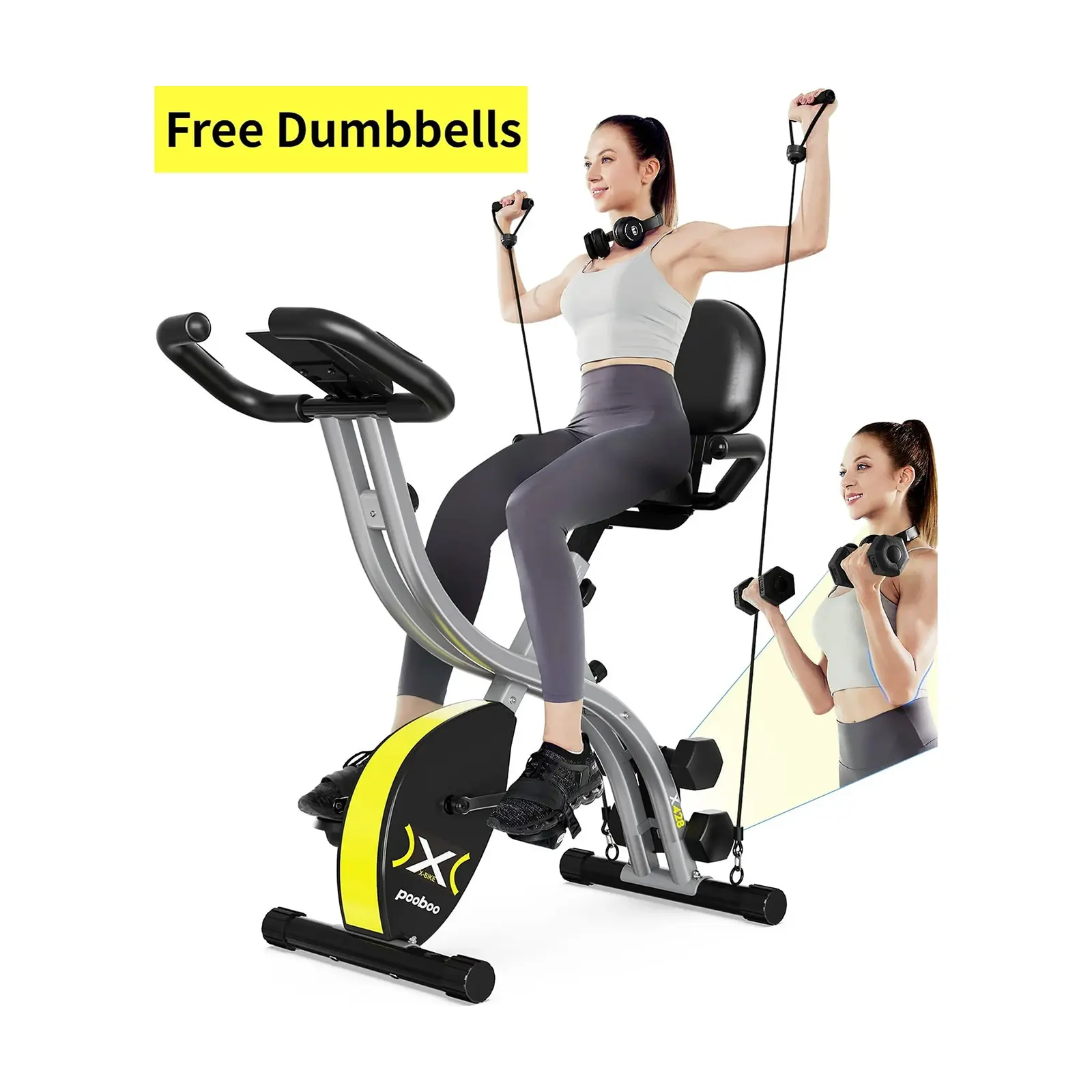 Pooboo Upright Folding Exercise Bike, Magnetic Stationary Fitness Equipment for Home Gym with Dumbbells, Resistance Bands & Heart Rate Monitor, 300 lb Capacity, Home Gym Kit