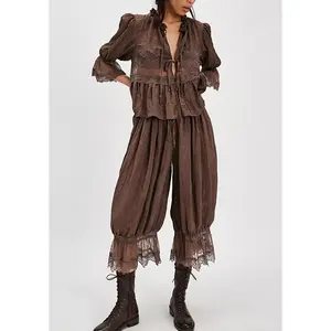Women Lace Trim 2 Piece Pajamas Sets Y2k Bow Tie Front Short Sleeve Shirts + Ruffle Flared Lantern Pants Loungewear