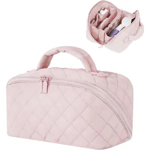 Makeup Bag for Women, Wide Open Lay-Flat Water-Resistant Cosmetic Case, Festivalment Makeup Bag, Spacious 180° Open Cosmetic Organizer for Toiletries & Brushes Large Capacity with Compartments