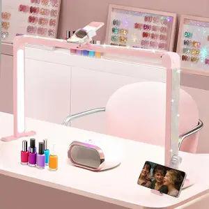 Nail Tech Lamp for Desk, 34 in Large Half Moon Light with Phone Holder, 48W Brightness Adjustable Lash ARC Light for Manicure, Tattoo, Spa, Salon, 3000K-6000K LED Manicure Lamp for Gifts for Women(Pink)