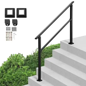 4-5 Step Outdoor Handrails for Steps, Stair Rail Kit, Black Square Tube with Horizontal Bar, Carbon Steel Support Rails for Seniors, Concrete & Deck Stairs, Easy Installation