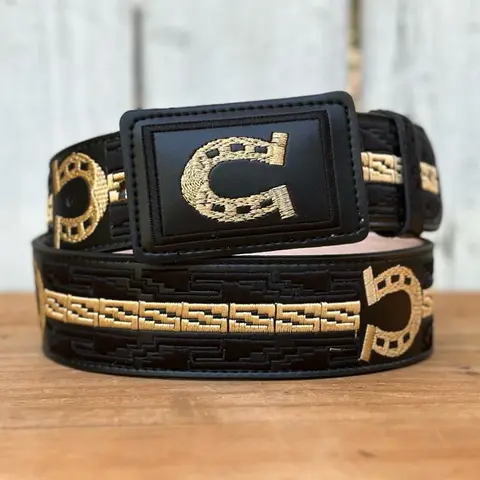 Black and Gold “Herradura de Oro” Western Style Belt Made with Genuine Leather and Embroidery