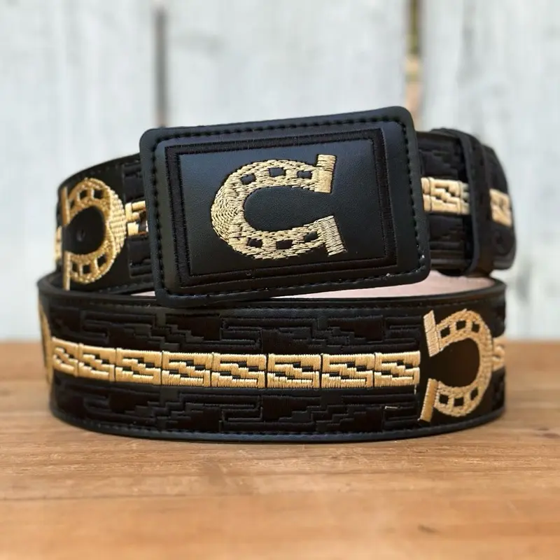 Black and Gold “Herradura de Oro” Western Style Belt Made with Genuine Leather and Embroidery