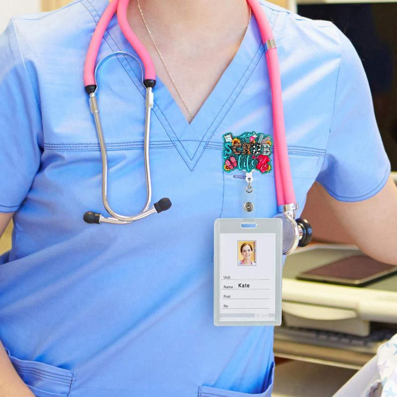 Letter Design Badge Holder without Card Sleeve, 1 Count Scrub Life Retractable Badge Reel with ID Clip, Acrylic Name Badge Holder for Nurse Doctor Student