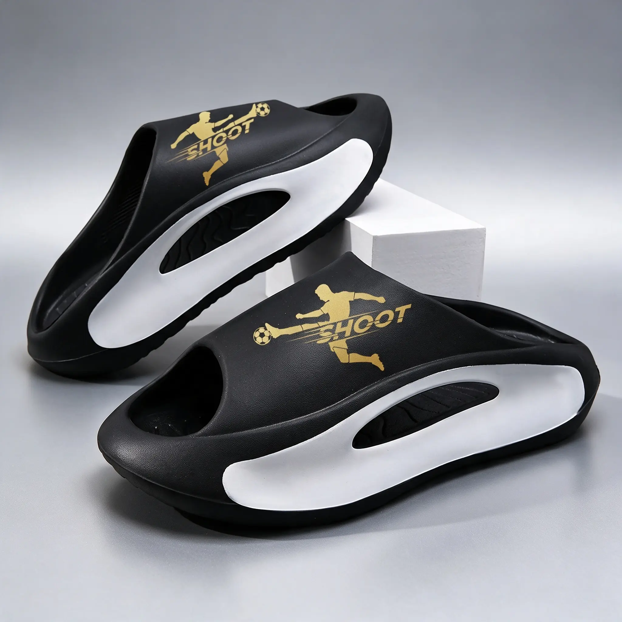 Men Soccer Player Shoot Print Hollow Cutout Platform Slides Two Tone Contrast Cloud Cushion EVA Sport Slippers Non Slip Quick Dry Shower Beach Gym Casual Sandals
