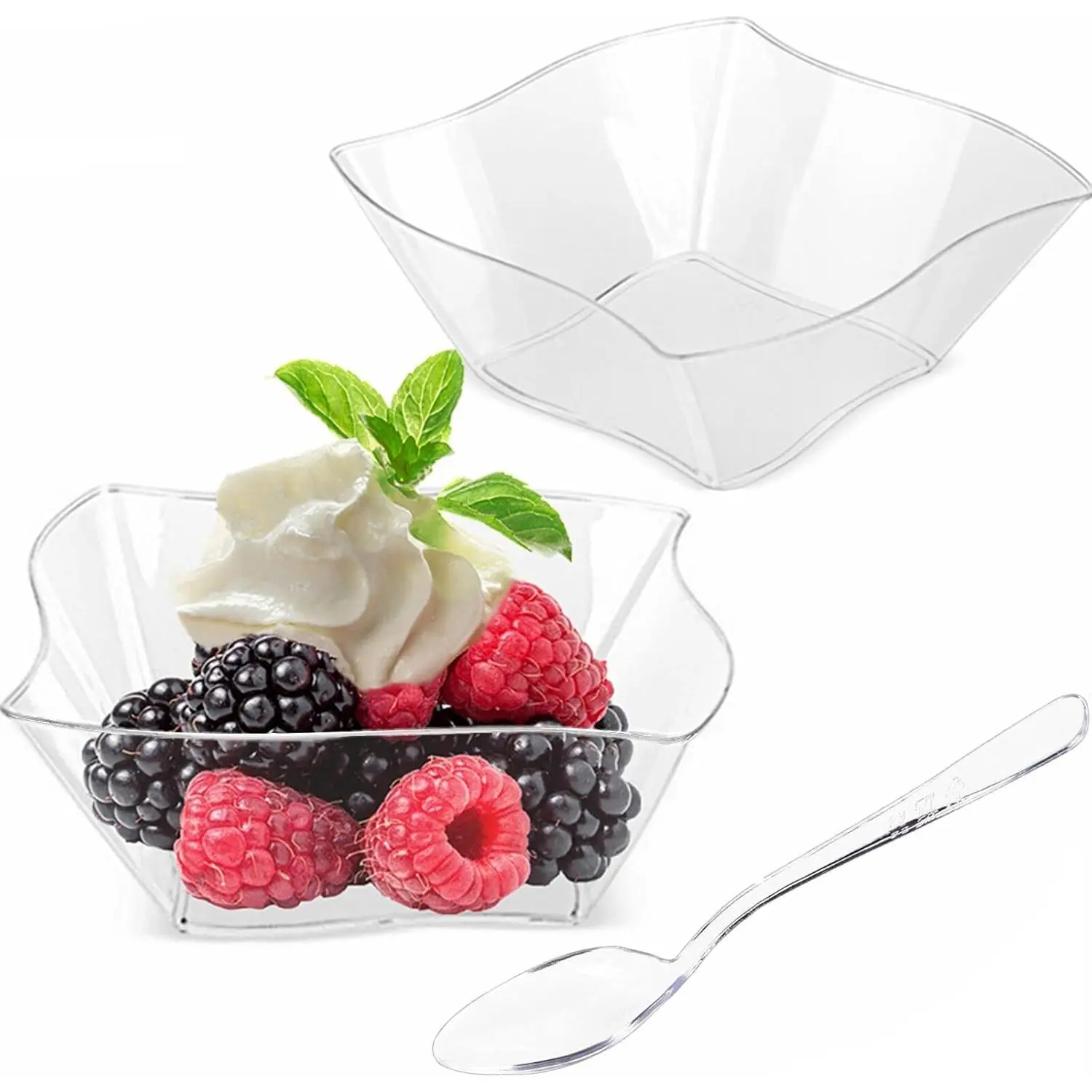 50ct 5 oz Small Plastic Dessert Cups with Spoons, Clear Appetizer Cups for Parties Mini Serving Bowls, Hors D'oeuvres Plates