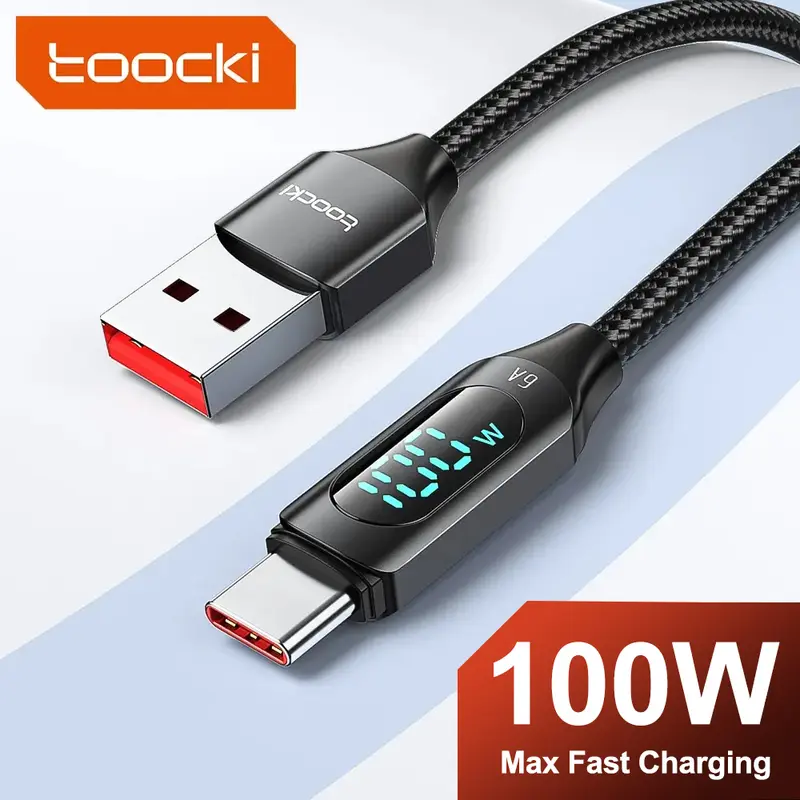 Toocki 1 PCS/2 PCS Black USB Type-A to C Braided Charging Cable - 6.6FT, 66W Fast Charge, 6A Max, LED Display, High-Speed Data Transfer, Less Wait for Samsung Galaxy S24 S23 S22 Z Flip5 Fold5, 66W Fast Charge, Less Wait