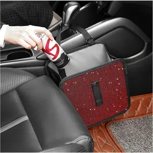 Foldable Trash Cans with Rhinestone, Bling  Bin for Seat Organizer & Decorations, Universal Bling Accessories for  SUVs,  (Red)