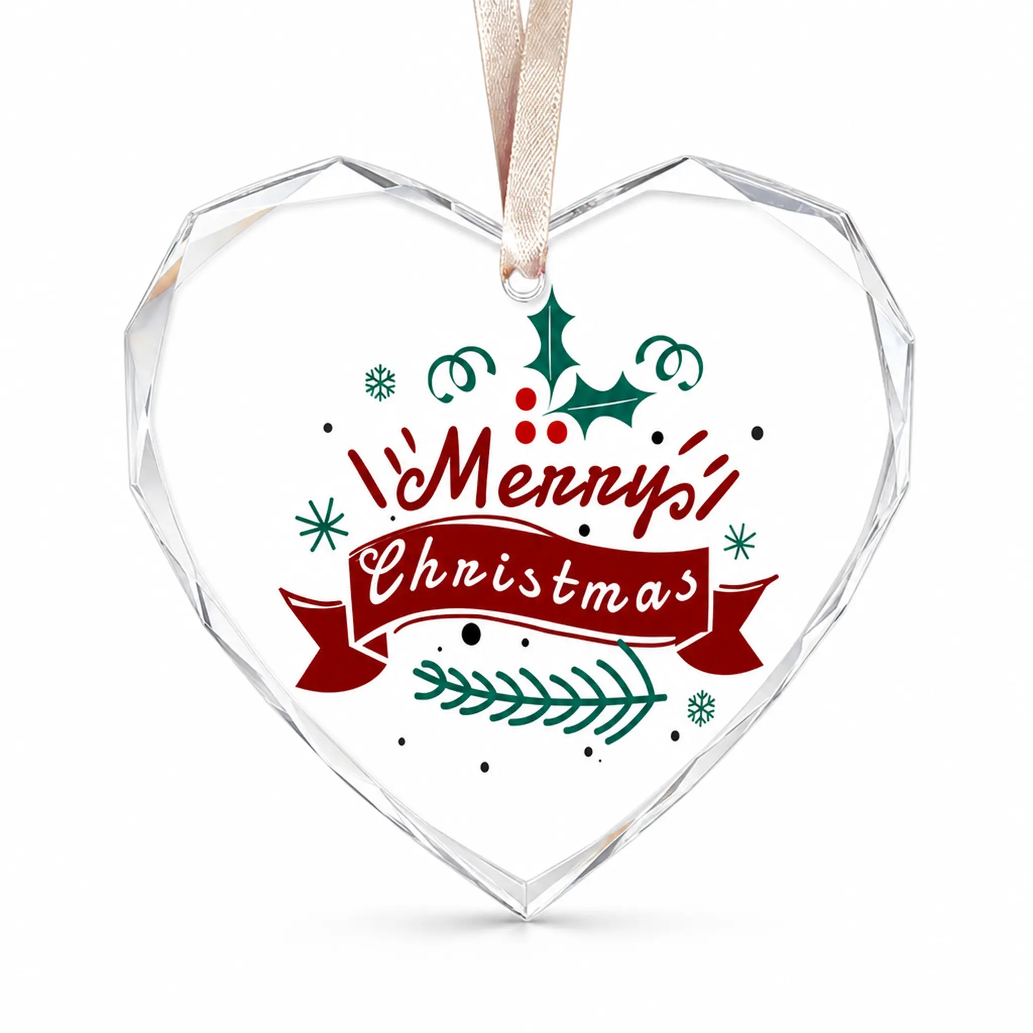 Merry Christmas Heart Hanging Ornament, Clear Acrylic-Style Heart Decoration with Satin Ribbon, Festive Holiday Tree Decor Gift