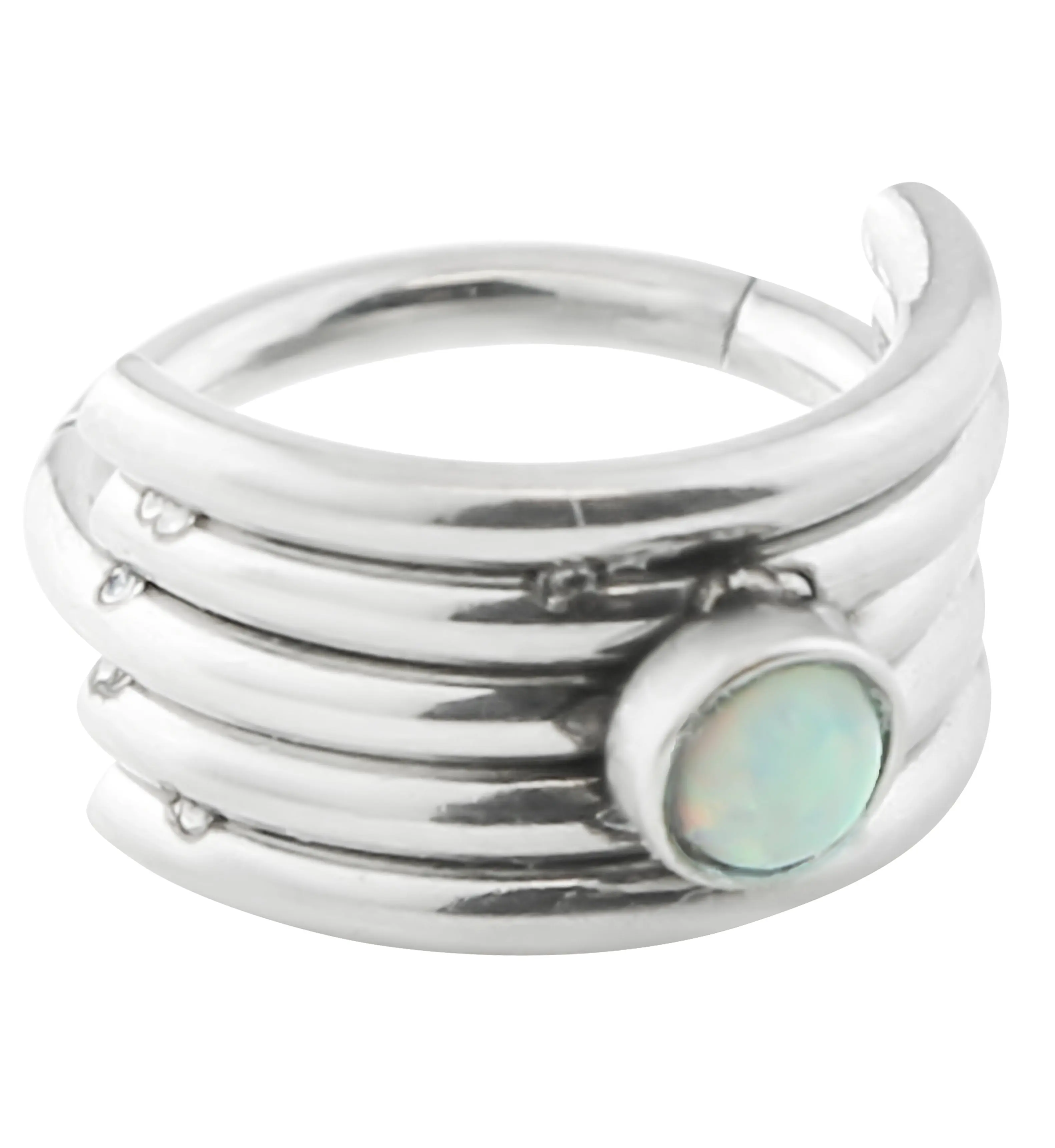 White Faux Opal Stacked Stainless Steel Hinged Cuff Segment Ring, Artificial Gemstone Opalite Accessory, Artificial Gemstone Ring, Opalite Rings