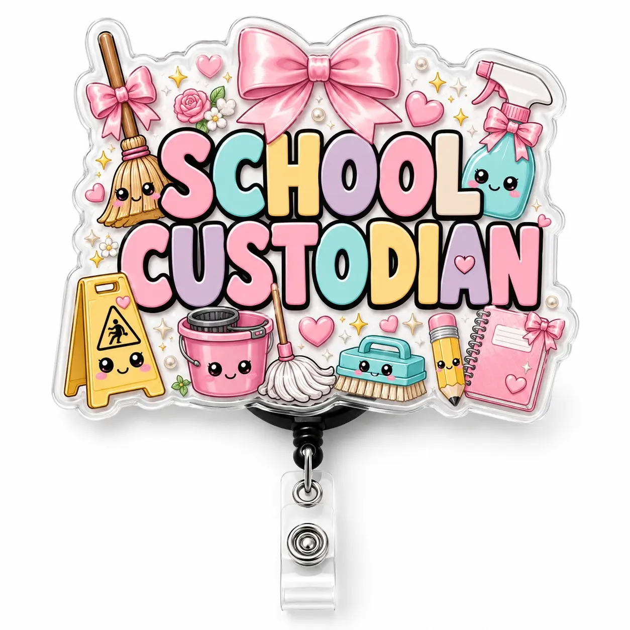 Badge Reel School Custodian Coquette Bow Acrylic ID Holder Cute Cleaning Staff Work Badge Clip for Janitors Maintenance Workers and School Employees 2 Inch