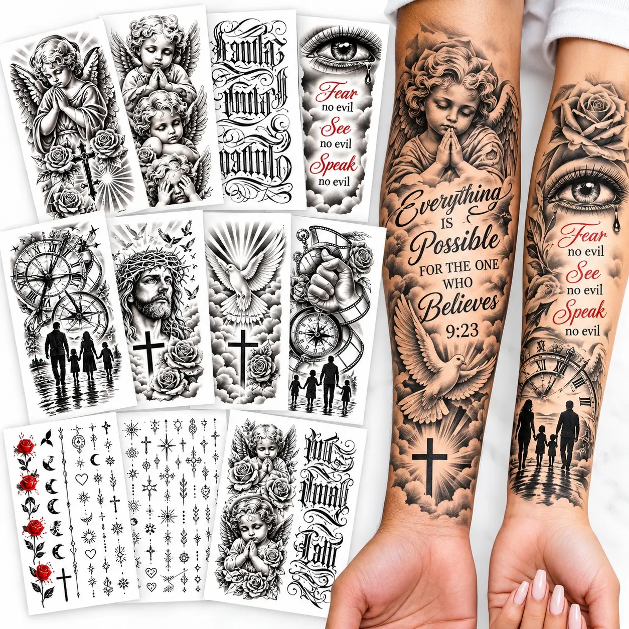 24 Sheets Jesus Temporary Tattoos For Men Women Family Themed Engraved Tattoo Sticker, Fake Tattoos For Adults Religious Faith Tattoos 3D Forearm Tattoo Sleeve