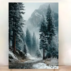 1 Piece Framed Snow-Covered Pine Forest Canvas Wall Art - Winter Landscape Oil Painting with Snow Trees, Pine Cones, and Foggy Mountains, Rural Nature Theme Decorative Painting, Suitable for Cozy Cabin Decoration, Ready-to-Hang Tranquil Forest Scene, 2D G