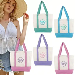 Trader Joe Style Large Tote Bag, Large Canvas Tote Bag with Pocket, Heavy Duty Cotton Canvas Reusable Grocery Shopping Bag, Aesthetic Pastel Two Tone Embroidered Shoulder Carryall for Work, Travel, Beach, School & Farmers Market