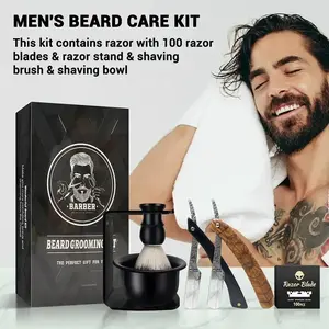 Men's Shaving Set - Includes a straight razor with a wooden handle, a shaving brush and bowl, single-edge razor blades, and a travel case; the perfect gift set for fathers and boyfriends