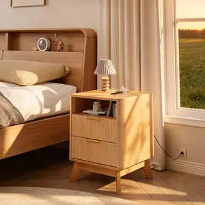 1PC/2PCS Modern Fluted Nightstand with Charging Station, Modern Bedside Table with 2 Drawers, Multi-Functional End Table for Bedroom, Living Room - Easy Assembly