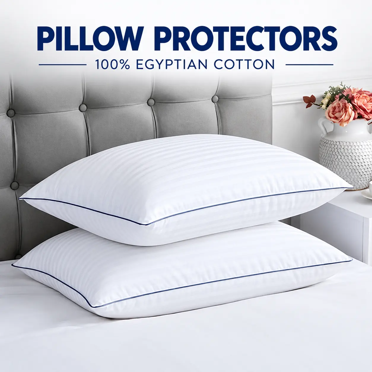 Queen Size 2-Pack Protective Pillow Protectors - 100% Egyptian Cotton (20x30in), Zippered, High Thread Count, Anti-Allergic, Skin-Friendly, Oeko-Tex Certified, Durable, Stain Resistant, Stripes, Machine Washable, Breathable Bedding Covers