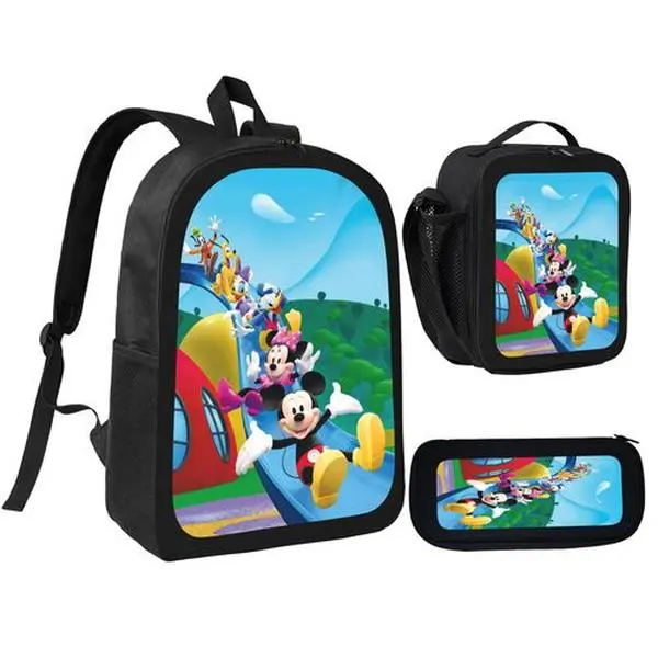 Mickey and Minnie Backpack 3‑Piece Set, School Bookbag with Lunch Box & Pencil Case, Cartoon Mouse Print Backpack for Girls Boys Back to School Birthday Gift