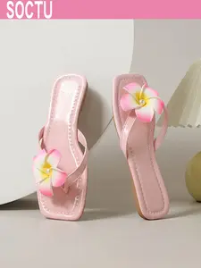 Women's Flat Head Fashion Flower Decoration Water Sandals, Comfortable Beach Vacation Shoes, Casual Flat Slide PU Rubber Sole, Less Than Ankle Height