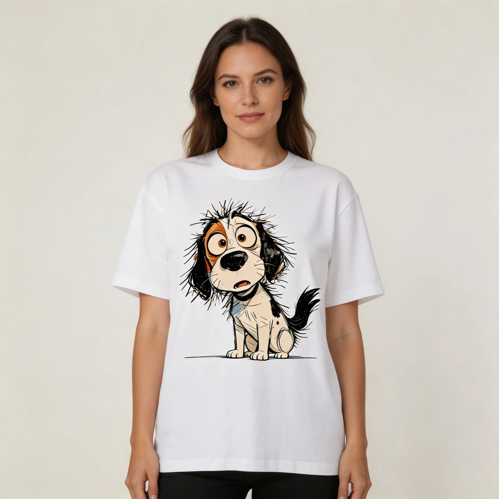 Funny Hand Drawn Messy Hair Surprised Puppy Graphic T-Shirt Cute Cartoon Dog Pet Lover Casual Women Short Sleeve Top