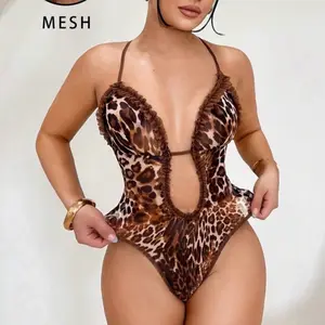YNS women leopard print bodysuit ruffle backless