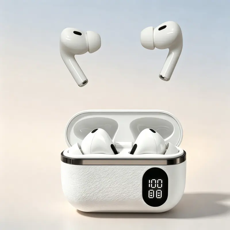Fluffdrip T01 rechargeable wireless Bluetooth in-ear headphones feature a stylish and luxurious leather finish, are compatible with iPhone 10-18, Android phones, and tablets, and deliver a high-quality outdoor audio experience.