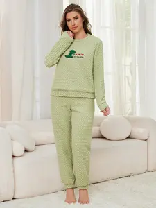Women's Avocado Dinosaur Print Thermal Pajama Set, Round Neck Long Sleeve Two-Piece Sleepwear, Warm & Cozy Nightwear for Fall Winter