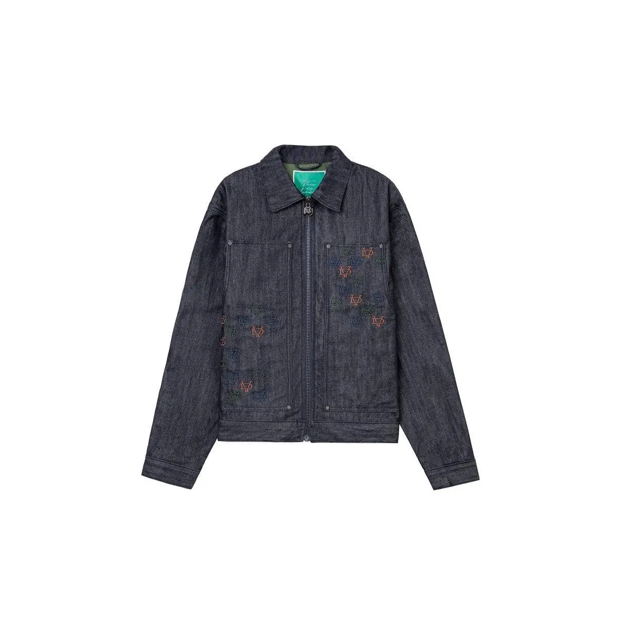 Men's Raw Selvedge Denim Trucker Jacket - Streetwear, Casual Navy Structured Fit, Embroidery, Pockets, Breathable Cotton Lining, Year-Round Wear