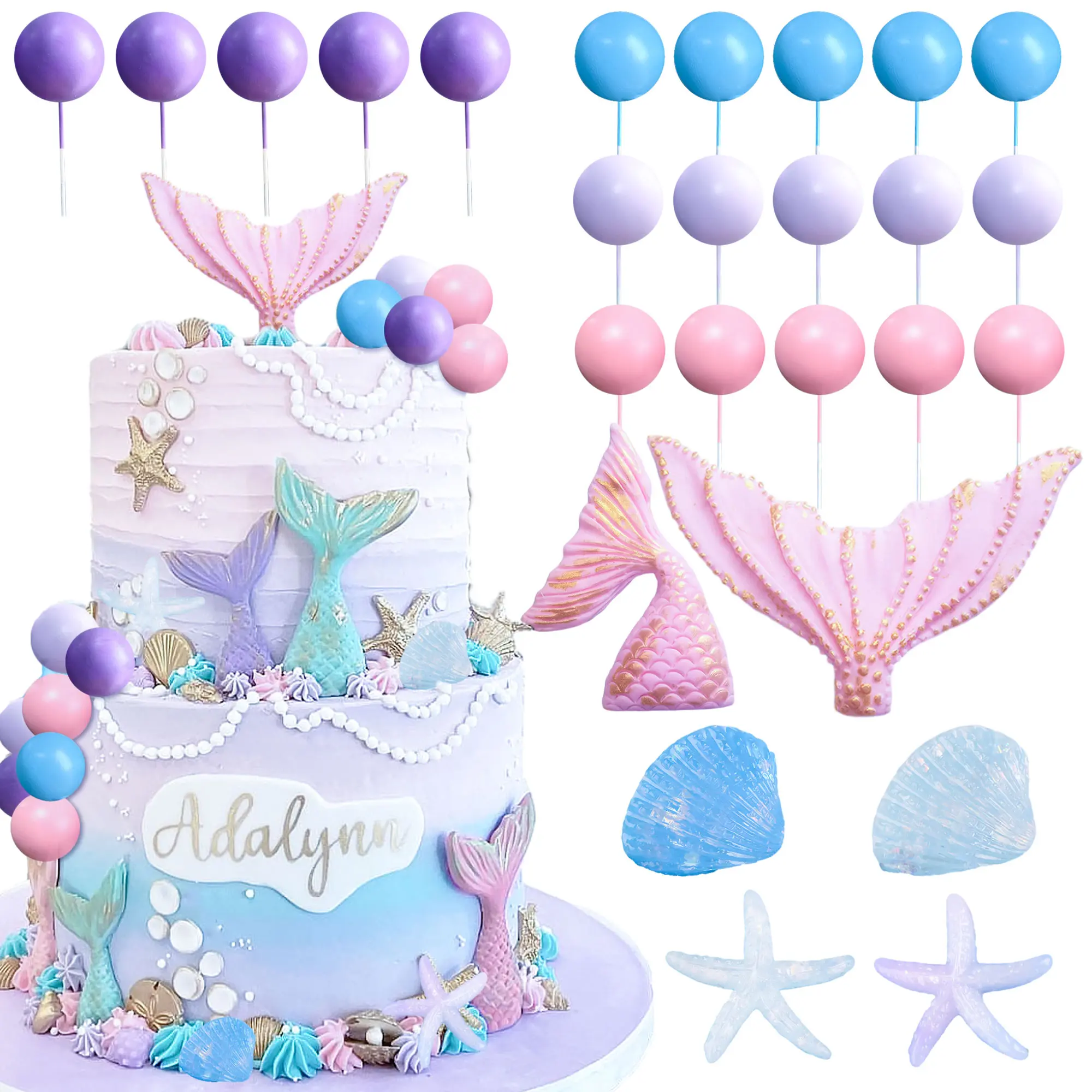 Purple Pink Little Mermaid Cake Topper Under the Sea Cake Decoration Seashell Cake Topper Cute Colorful Ornaments for Mermaid Animals Birthday Celebration Fun Underwater