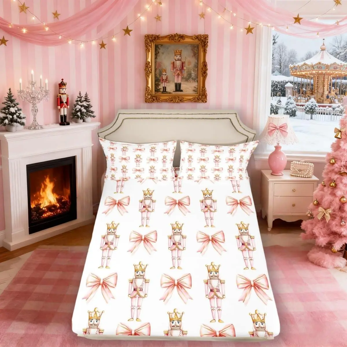 Cartoon Nutcracker Kids Fitted Sheet,Pink Bowknot Romantic Princess Bedding Set,Girls Women Room Decor,Ballet Merry Christmas Bow Tie Dreamy Bed Sheet,(No Flat)