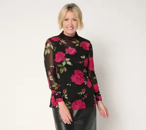 Susan Graver Printed Mesh Ruched Mock Neck Top with Tank