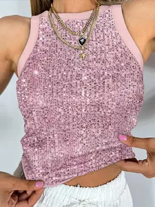 Camouflage Pattern O-neck Sleeveless Sequin Tank Contrast Binding Slim Fitted Top