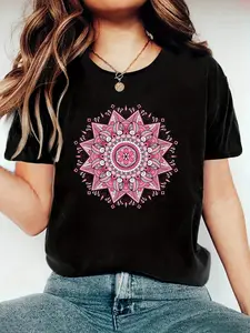 Women's Casual Geometric Mandala T-Shirt, Purple Floral Wreath, Loose Fit, Summer Short Sleeve, Polyester, Round Neck, Stretch Knit Fabric, Sporty Style Top for Adults