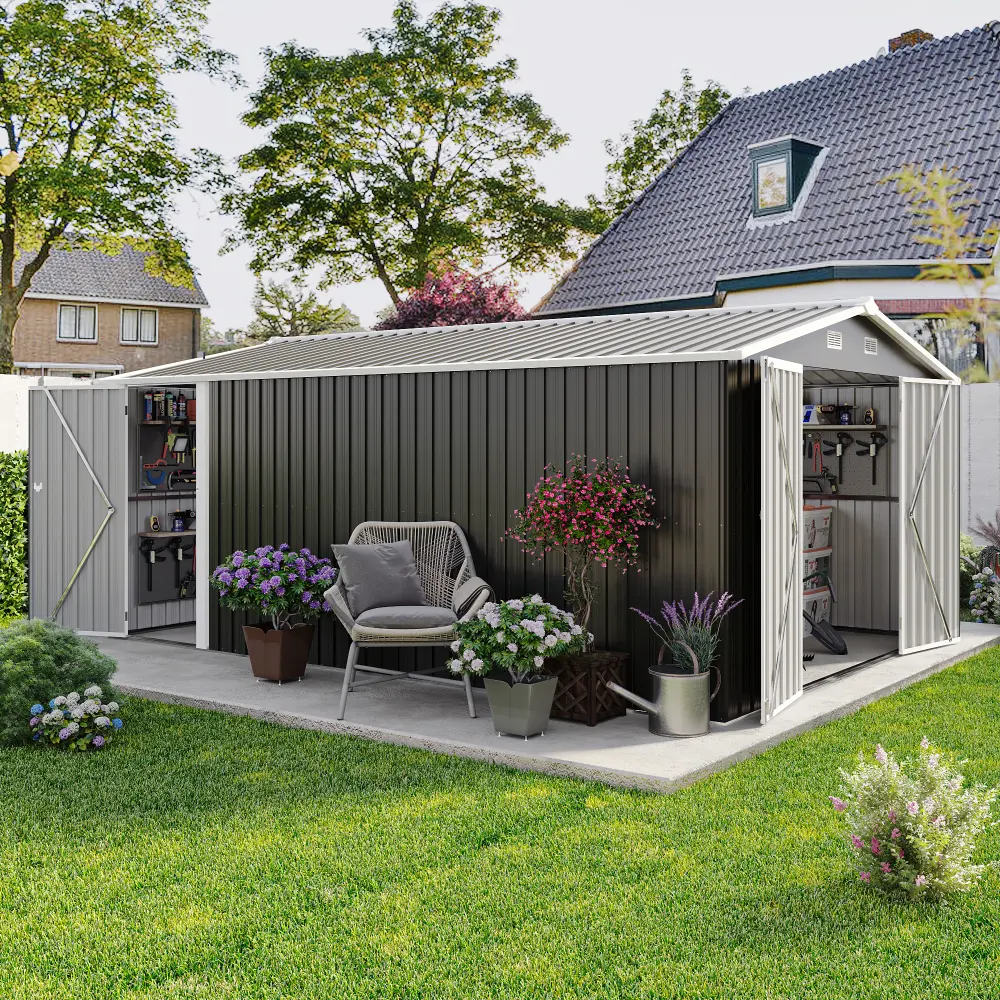 10x14 ft Galvanized Steel Outdoor Storage Shed - Dark Grey, Lockable Doors, Sloped Roof, 4 Vents, Pre-Cut Panels, Triple Door Access, All-Seasons Outdoor Utility Tool Shed for Backyard, Patio
