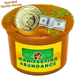 Manifesting Abundance 8oz Coated Pigmented Clear Slime Scented Vanilla Honey with Gold Coin and Money Design